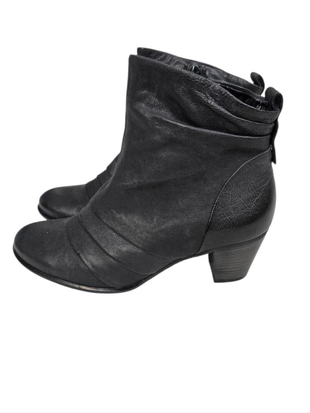 Gabor Black Leather Ruched Slouch Ankle Booties Side Zip Low Block Heel